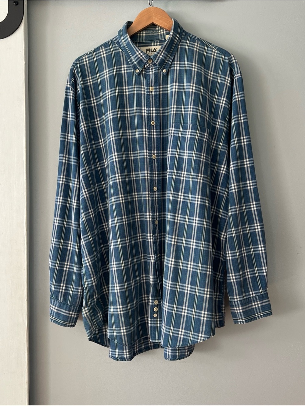 Y2K Fila Sport Men's Blue Green and White Plaid Button-Down Shirt
